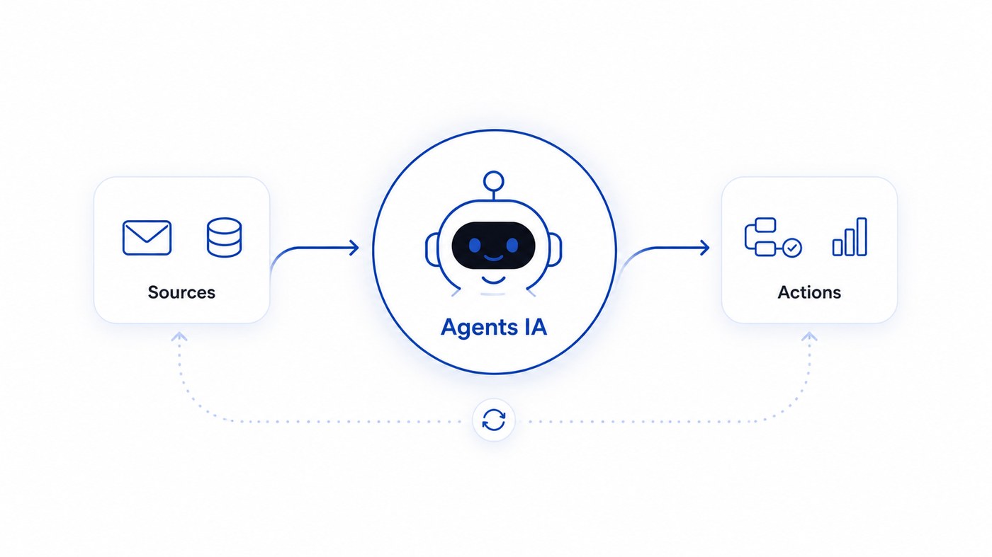 Schéma motion-design : sources de données (mails, base) à gauche, agent IA au centre, actions métier à droite, avec une boucle de feedback.